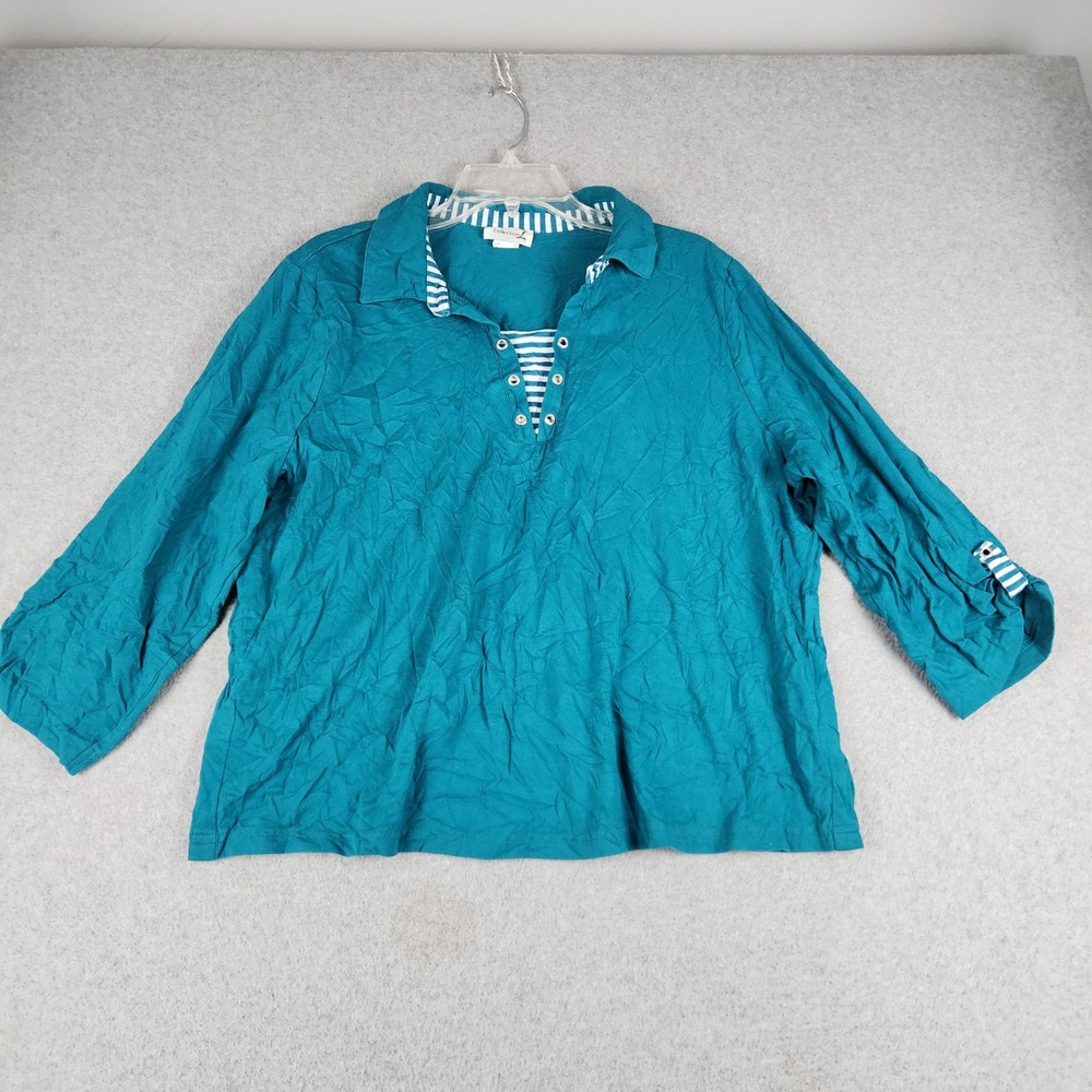 Collection L Henley Polo Top Womens 16 Teal Blue 3/4 Roll Tab Sleeve Classic Fit